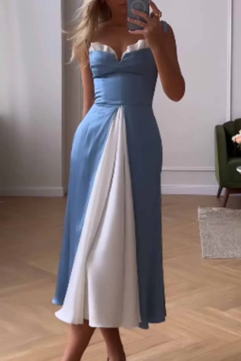 hulianfu Elegant Print Solid Patchwork Slit V Neck A Line Dresses - Deanwangkt