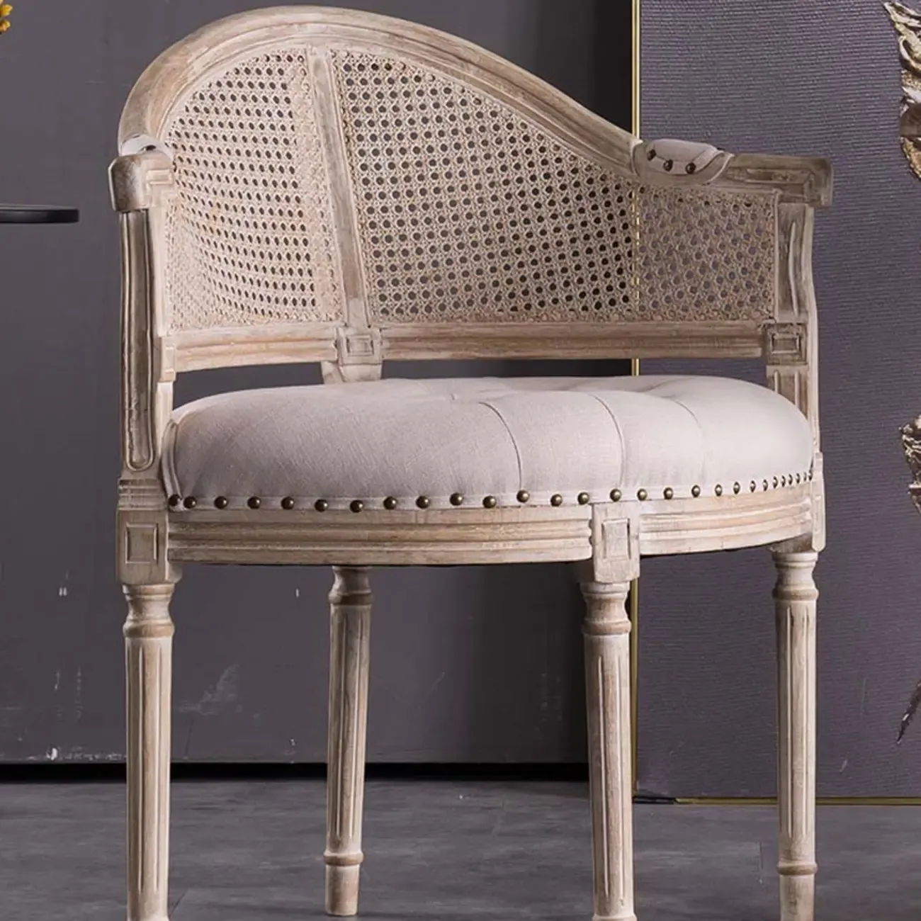 Rustic Rattan Upholstered Wood Dining Chair