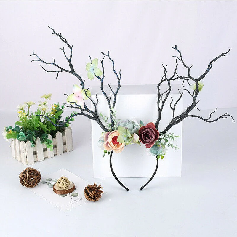 HULIANFU 2026  Christmas Headband Antlers Deer Horns Fairy Tale Flower Tree Branch Retro Hair Hoop Crown Festival Party Props Xmas Costume - Deanwangkt