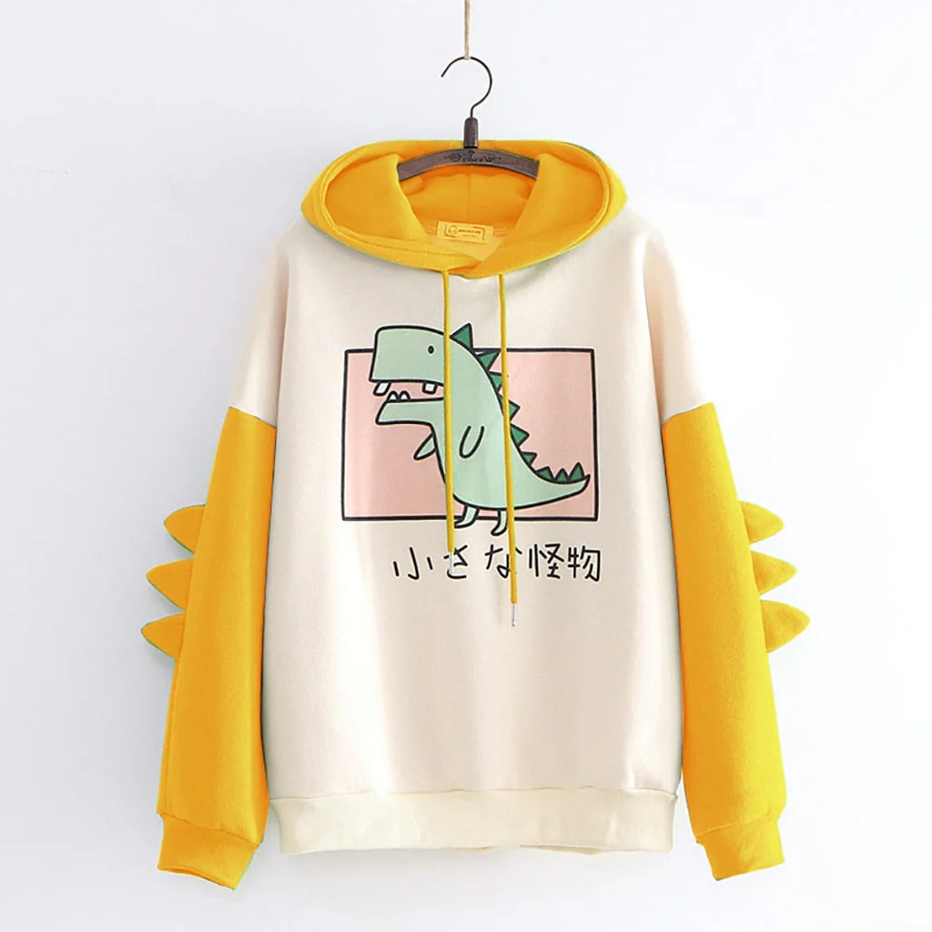 Winter dino hoodie Tops Dinosaur Oversized Cartoon Hoodie Women Fashion Sweatshirt Casual Print Korean Style Thicken Sweatshirt - Deanwangkt