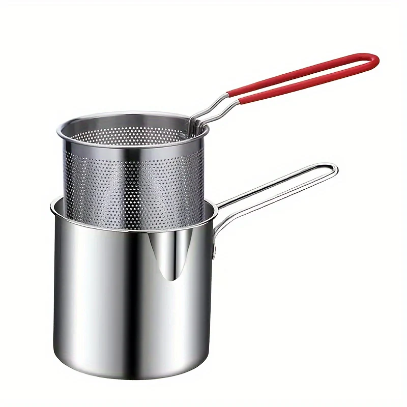 1pc Japanese-Style Mini Deep Fryer Pot - 304 Stainless Steel Gas Frying Pot with Filter Net for Tempura Oil Saving - Compact Space-Saving Design for Household Kitchen - Deanwangkt