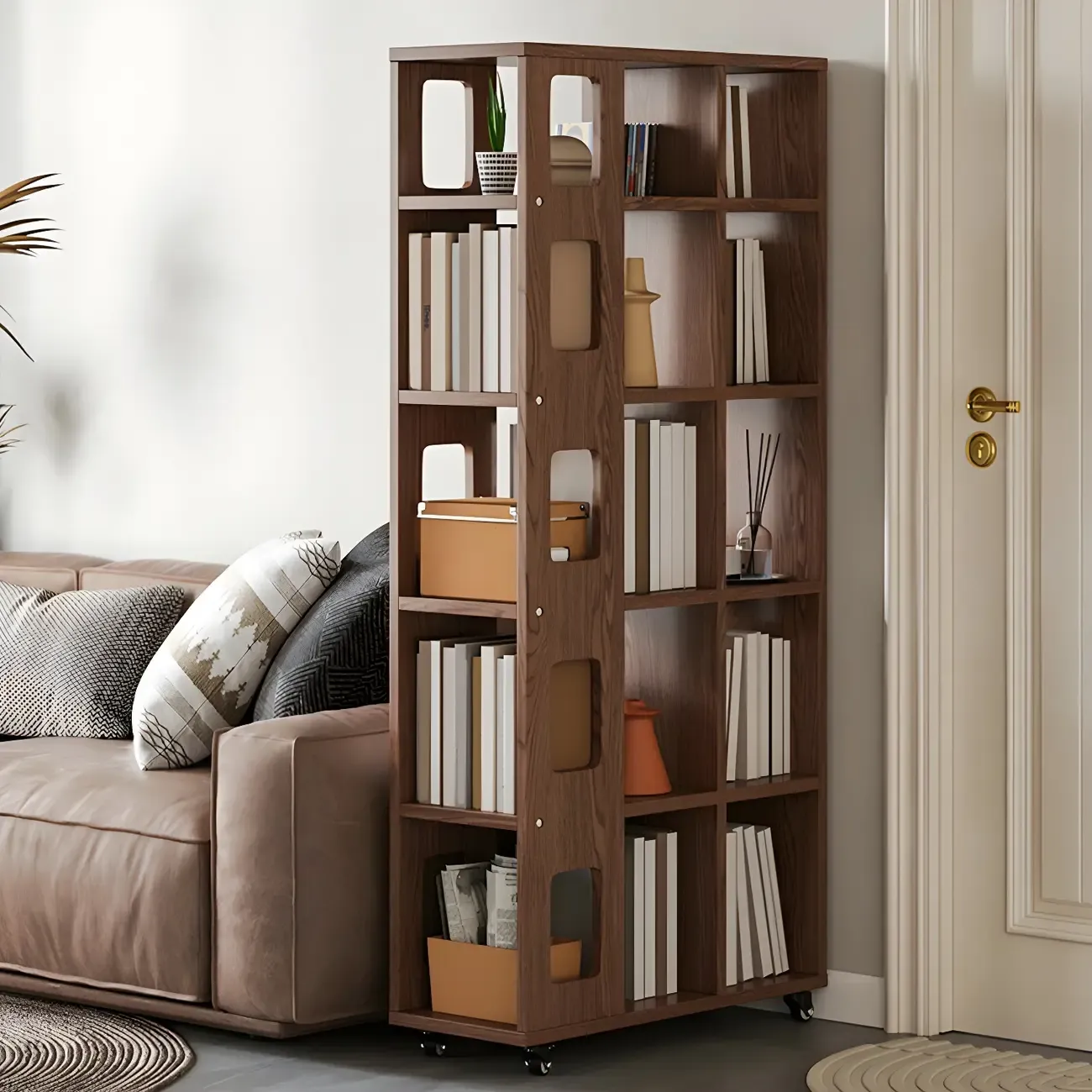 Mid-Century Nut-Brown Wood 5-Tier Bookcase on Wheels