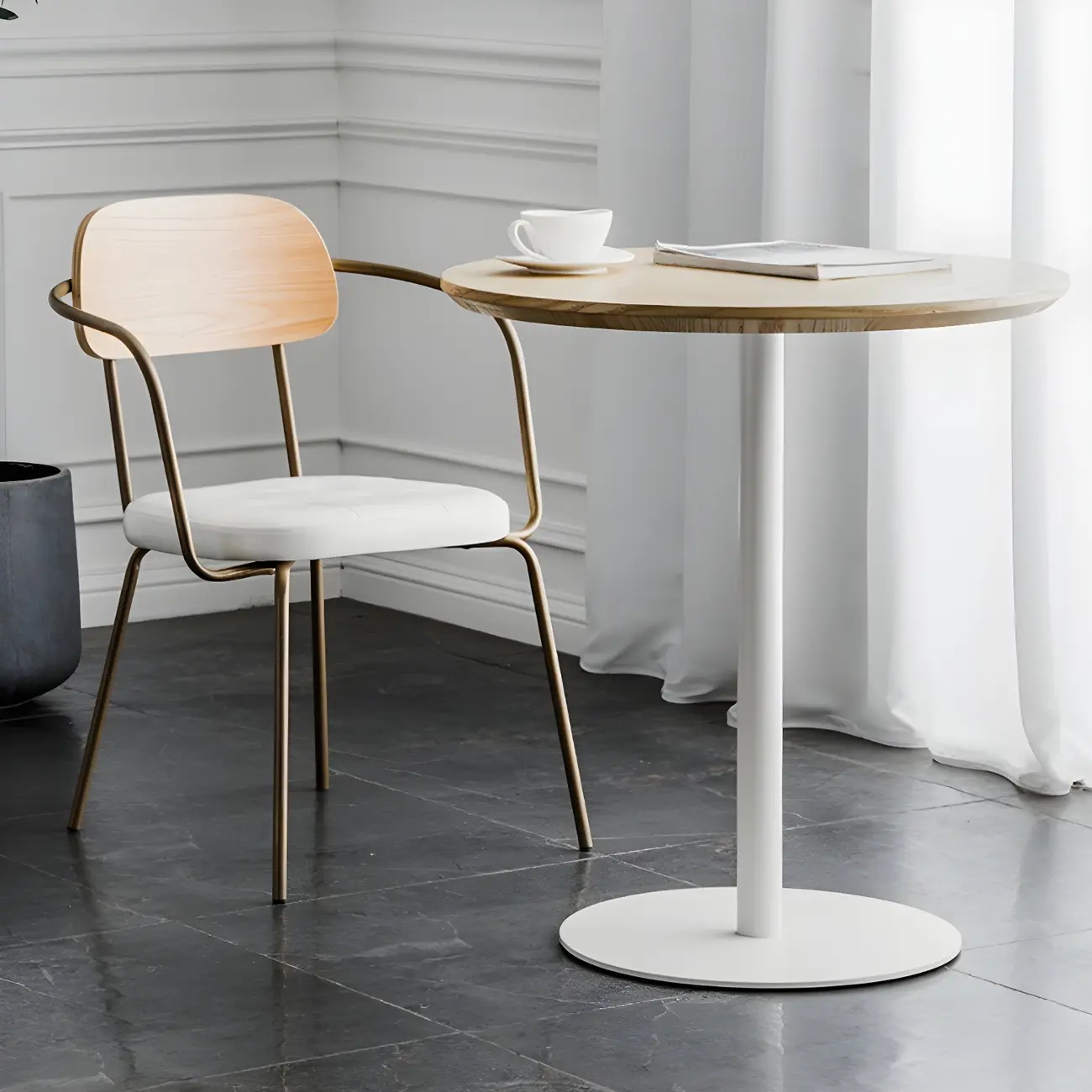 Modern Brown Wood Grain Black Metallic Pedestal Bar Tables