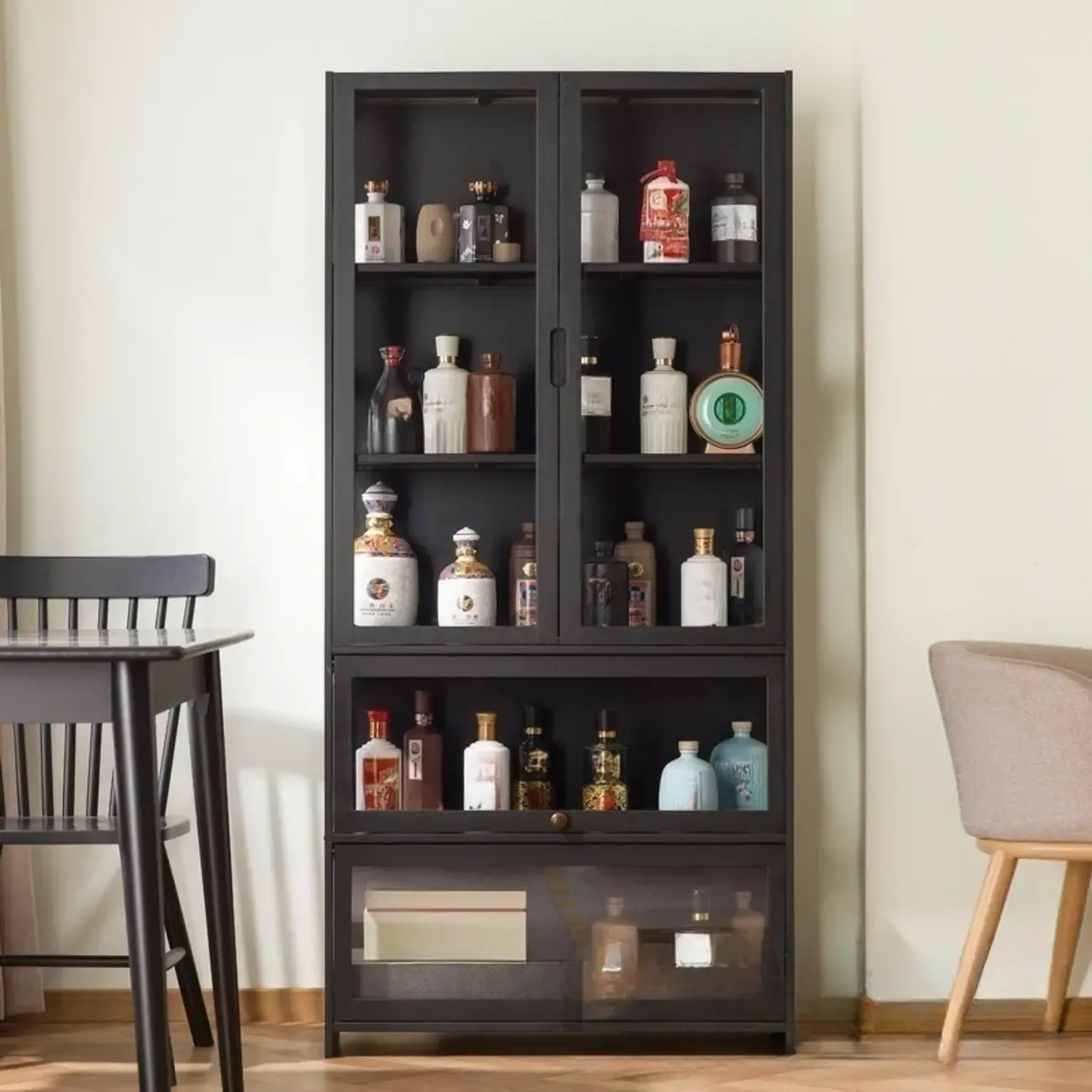Contemporary 5 Shelves Bamboo Glass Black Curio Cabinet