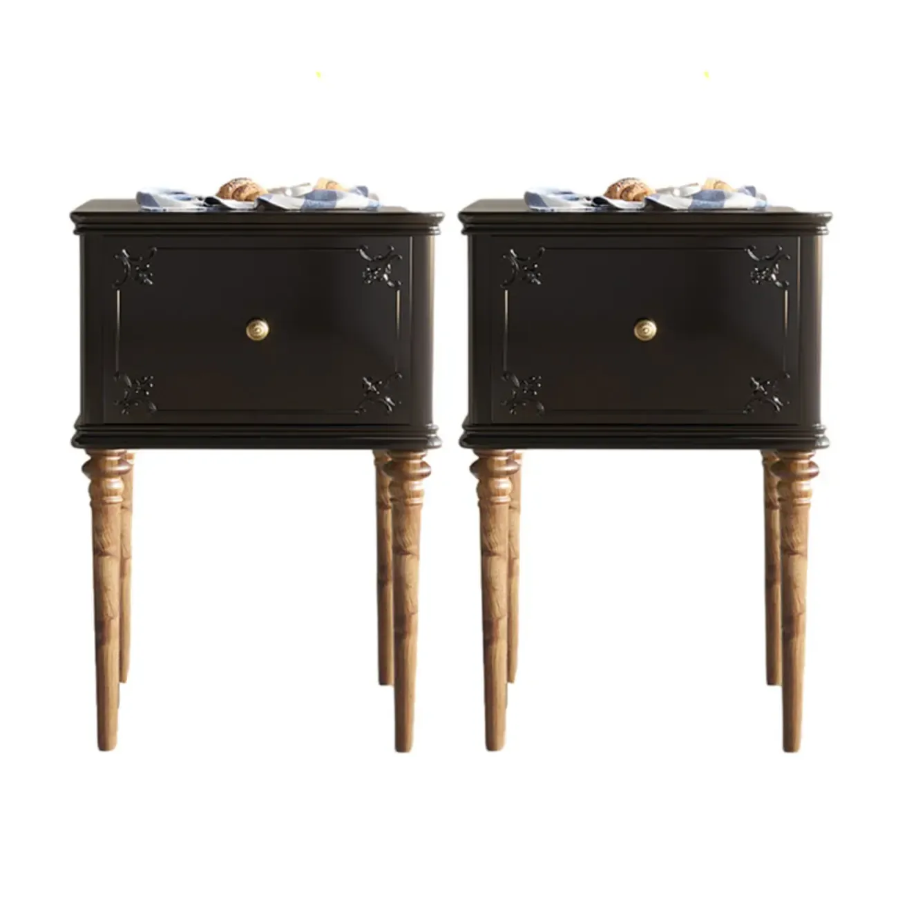 Traditional Black Wooden Carved Leggy Nightstand with Drawer