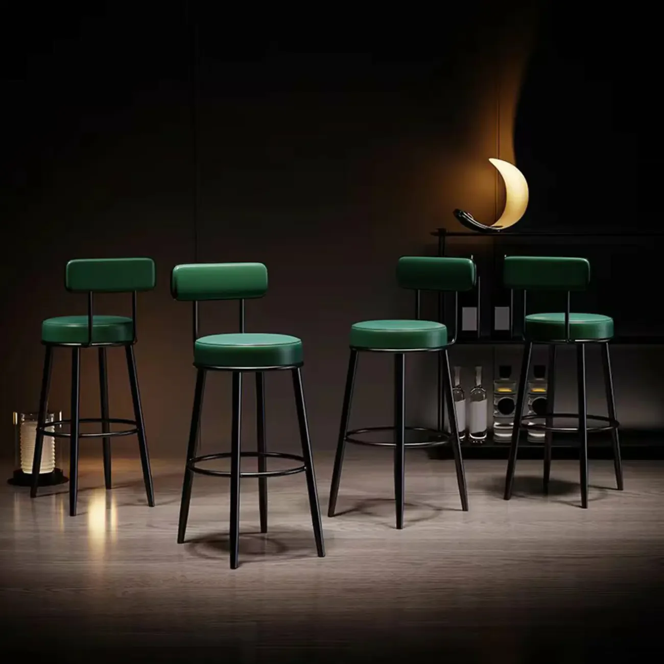 Modern Round Iron Open-Back Upholstered Bar Stool