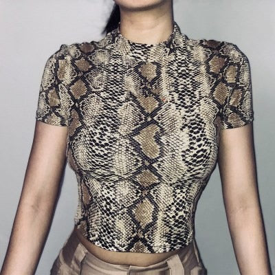 Hulianfu Sexy Crop Top Women Snake Print Tank Top Slim Primer High Collar Vest Harajuku Crop Tank Top T Shirt Femme Girls Camis Tops - Deanwangkt
