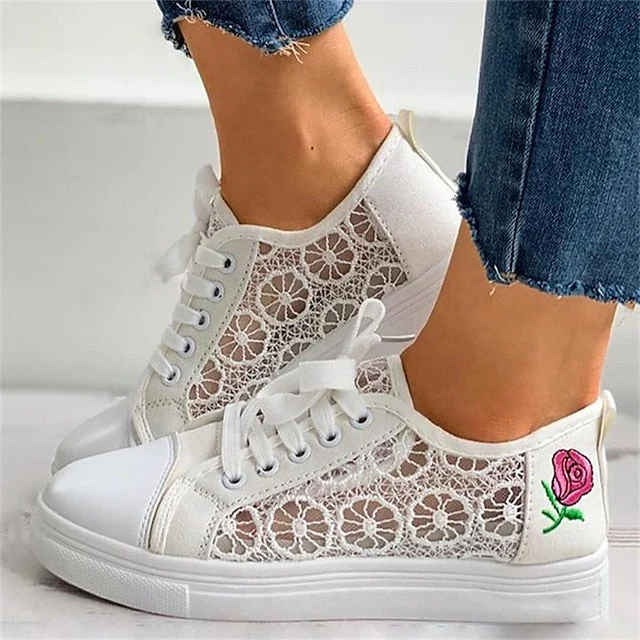 Women's Sneakers Canvas Shoes White Shoes Outdoor Daily Summer Flower Flat Heel Round Toe Casual Minimalism Walking Shoes Mesh Lace-up Embroidered White - Deanwangkt