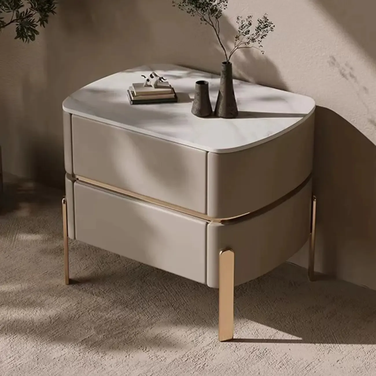 Glam Beige Leather Stone Top 2-Drawer Nightstand