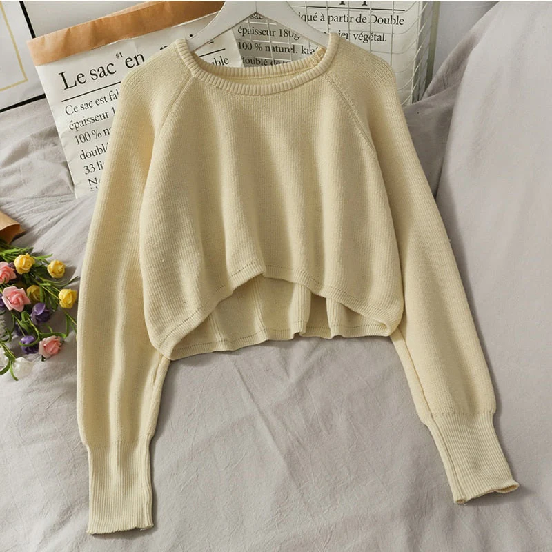 Hulianfu New Autumn Women Solid Sweater O-Neck Loose Sweater Pullover Crop Top Sweaters Shirts Femme Knit Outwear Jumpers - Deanwangkt