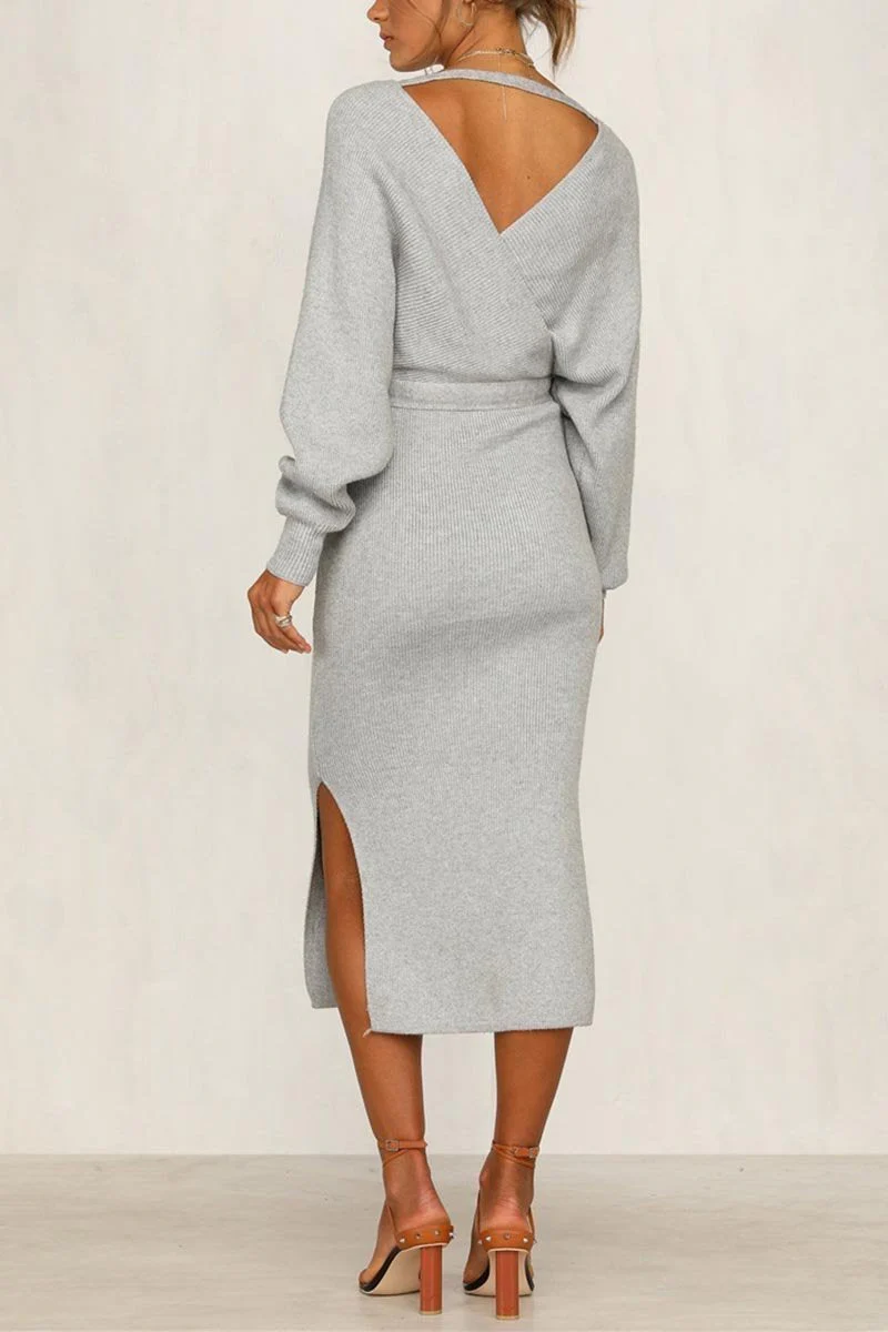hulianfu hulianfu V Neck Backless Sweater Dress(5 Colors) - Deanwangkt