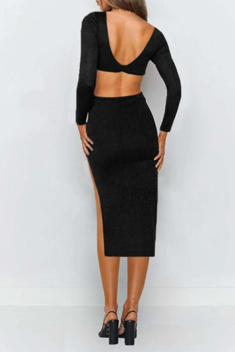 hulianfu Elegant Solid Hollowed Out Backless Slit V Neck Pencil Skirt Dresses - Deanwangkt