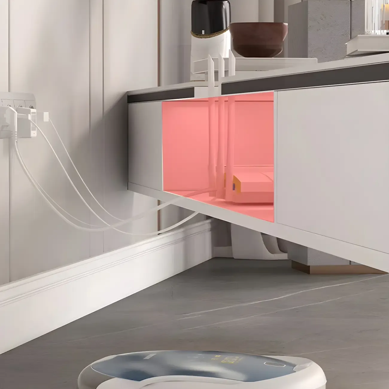 63 White Stone Top Floating TV Stand with LED Lights