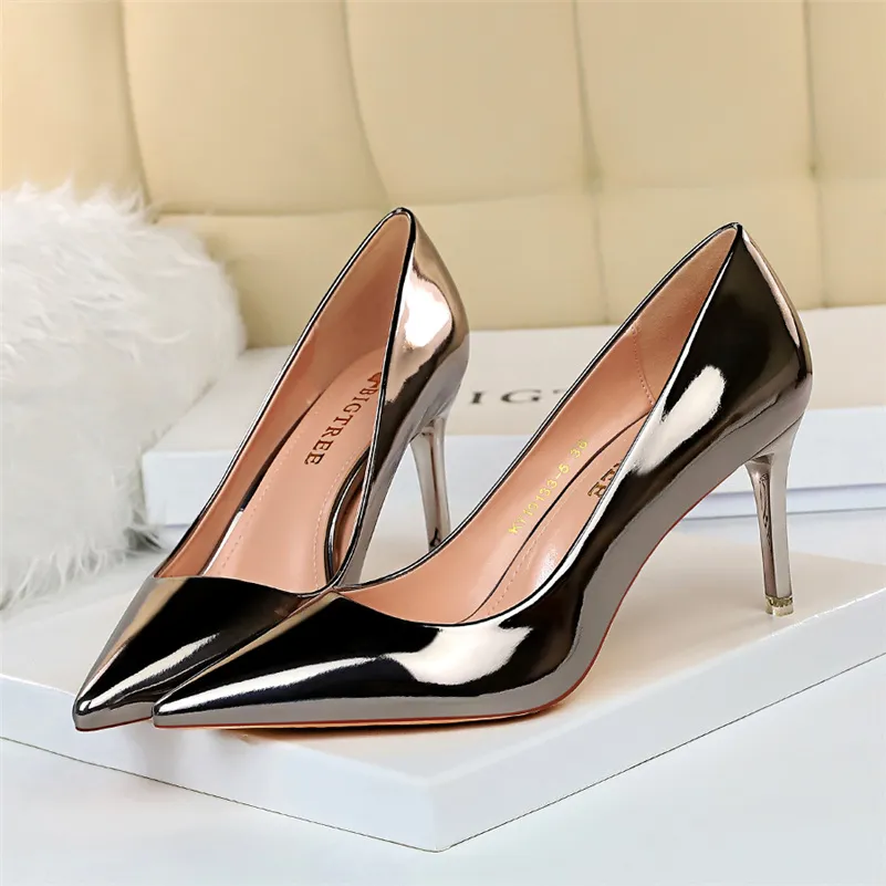 Women Patent Leather Pumps 7.5cm 10.5cm High Heels Lady Stiletto Low Heels Wedding Bridal Mteallic Silver Gold Sparkly Shoes - Deanwangkt