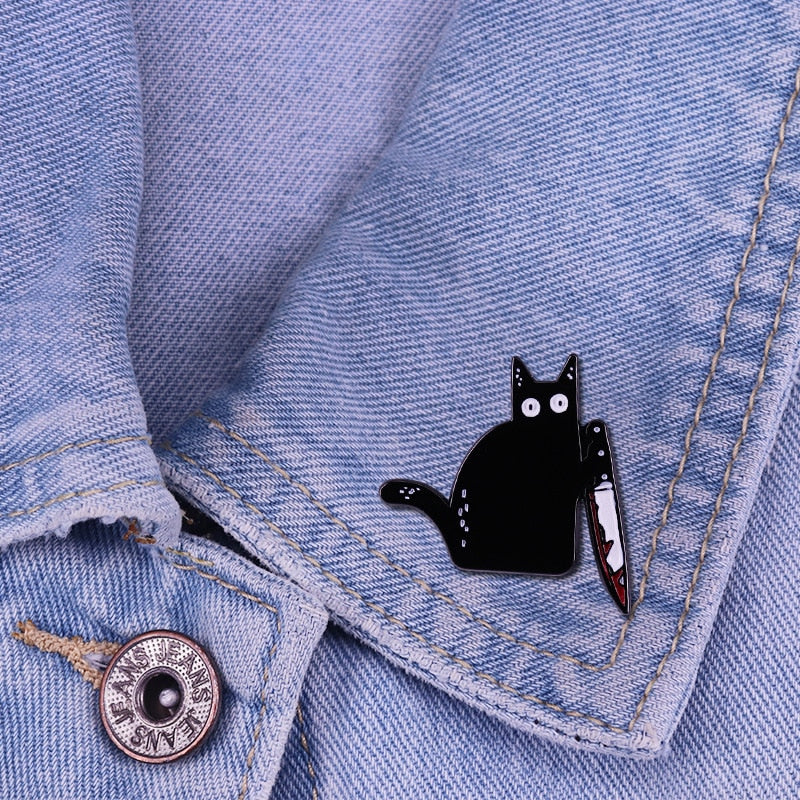 HULIANFU Slayer cat knife kitty Bloody Black Knifecat Enamel Pin spooky dark art brooches for clothes decor - Deanwangkt