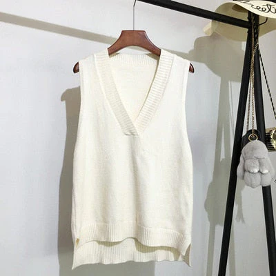 Autumn Women's Sweater Vest V-neck Sleeveless Irregular Casual Loose Knitted Pullover Tops Female Outerwear - Deanwangkt