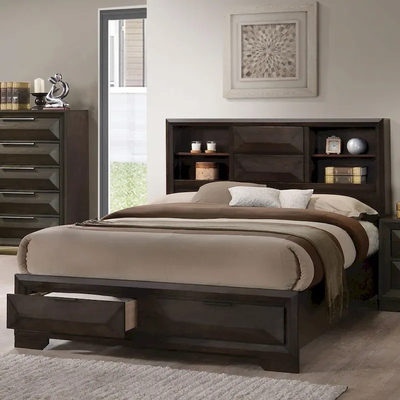 Furniture of America Zuloey Transitional Espresso Wood Bookcase Headboard Platform Bed with Footboard Storage Drawers