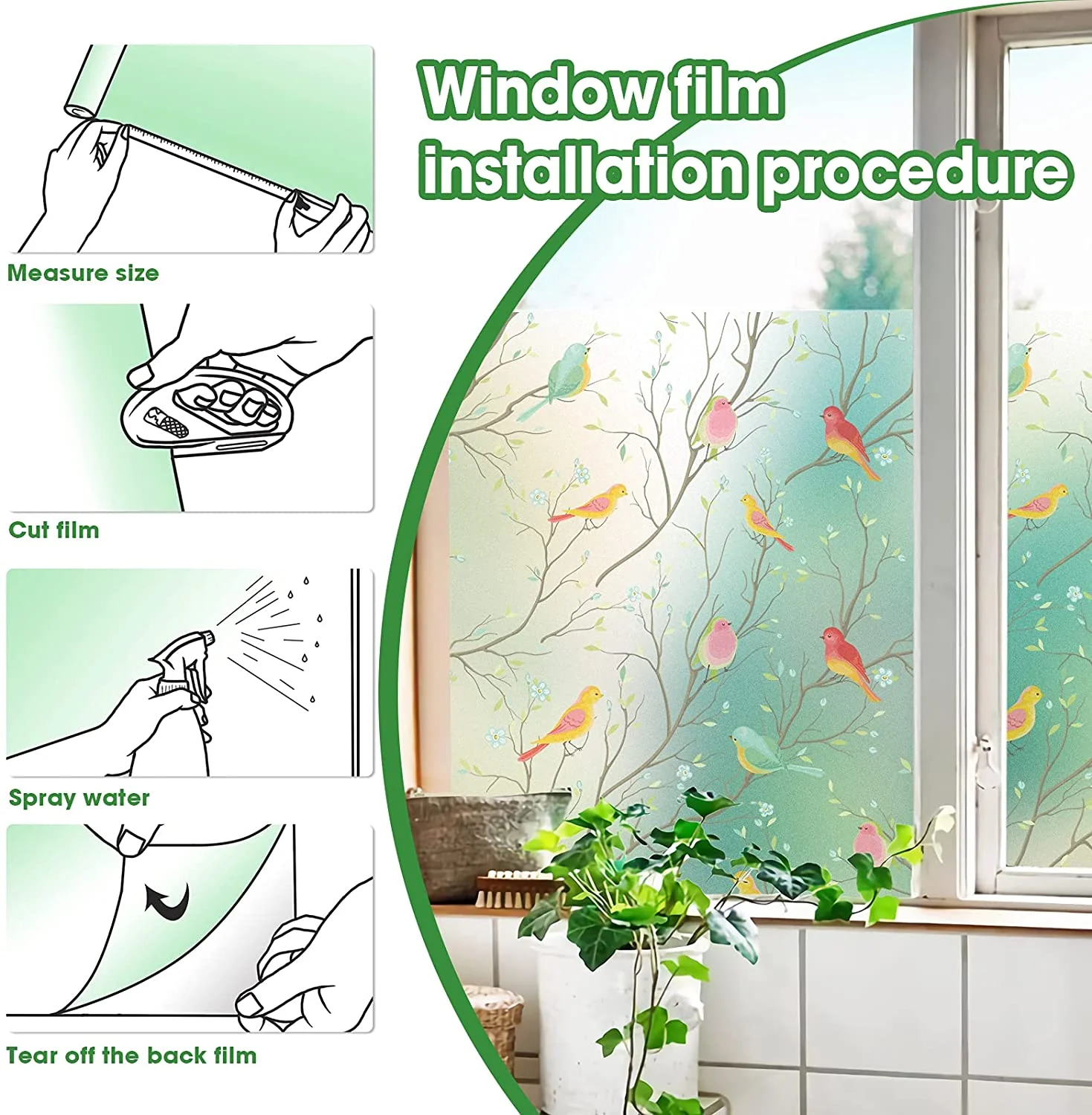 HULIANFU Privacy Window Film Opaque Non-Adhesive Bird Decals Decorative Glass Covering Static Cling Tint Frosted Window Stickers for Home - Deanwangkt