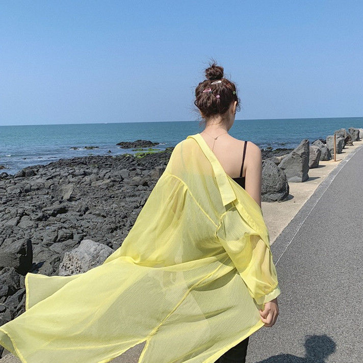 Hulianfu Women Blouse Sun Protection Fashion Long Lantern Sleeve Outerwear Sheer All-match Thin Beach Street Comfort Korean Style Leisure - Deanwangkt