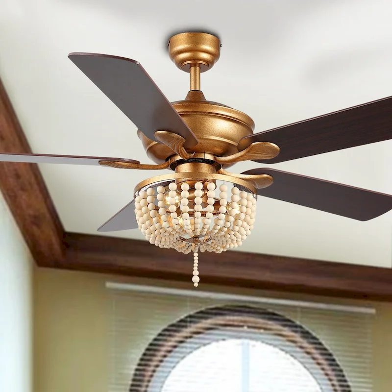 Quinn 52  3-Light Rustic Farmhouse Iron/Wood Bead Mobile-App/Remote-Controlled LED Ceiling Fan, by JONATHAN Y