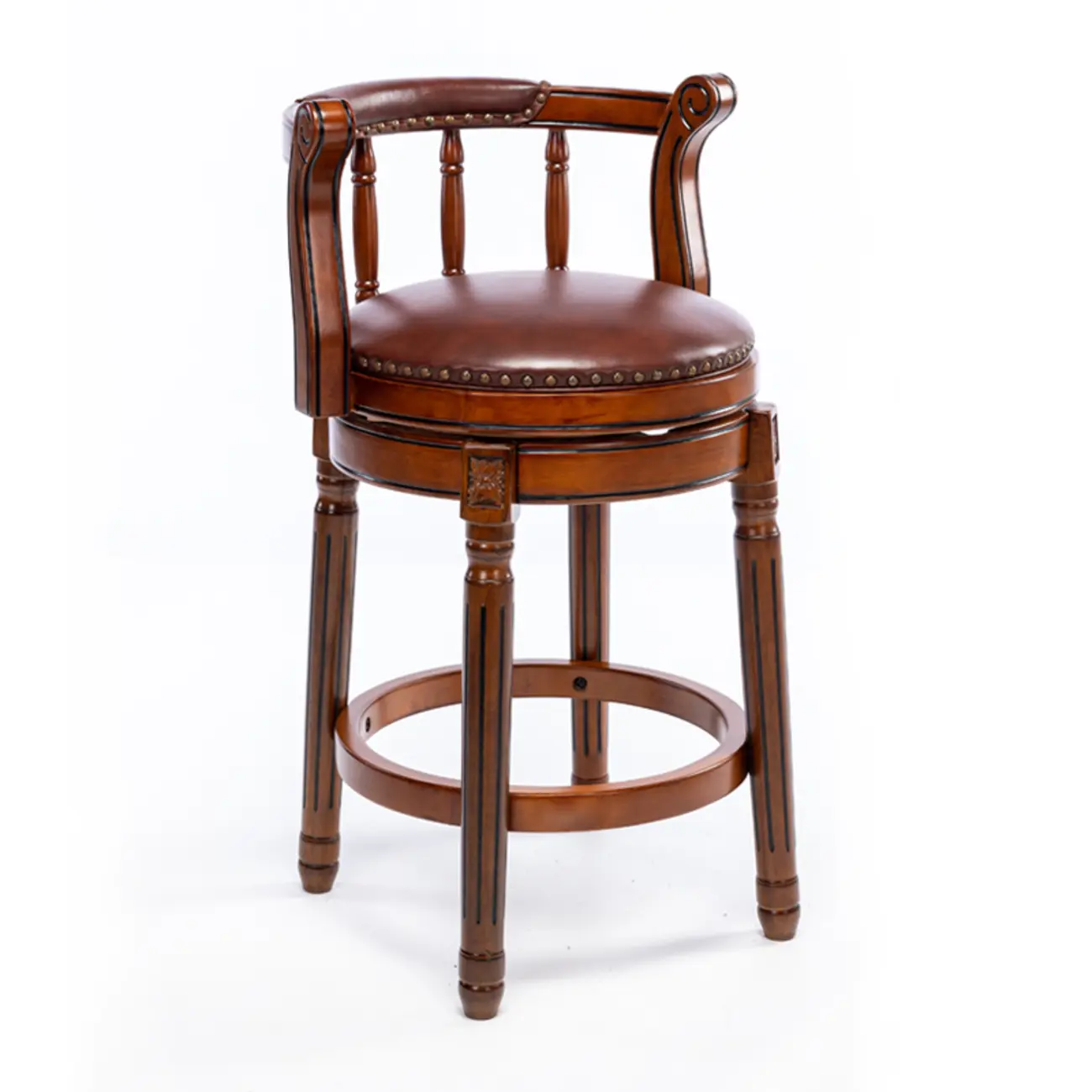 Swivel Counter Height Bar Stools in Genuine Leather & Walnut Solid Wood