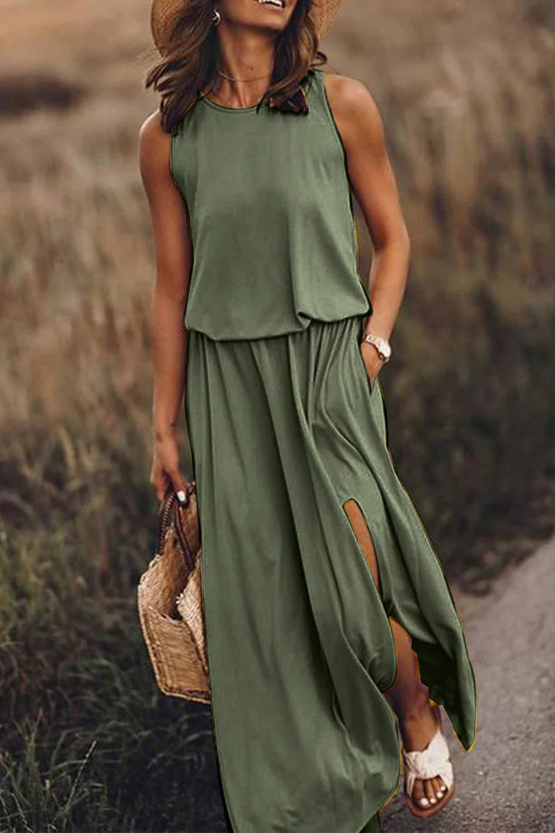 hulianfu Fashion Casual Solid Patchwork Slit O Neck Waist Skirt Dresses(8 Colors) - Deanwangkt