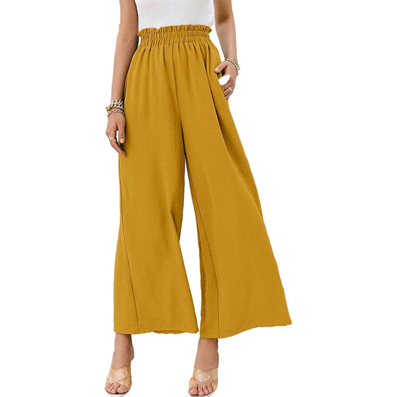 Hulianfu Autumn Summer Fashion Cotton Linen Pants Women Solid Fungus Edge High Waist Women's Trousers Wide Leg Casual Pants - Deanwangkt