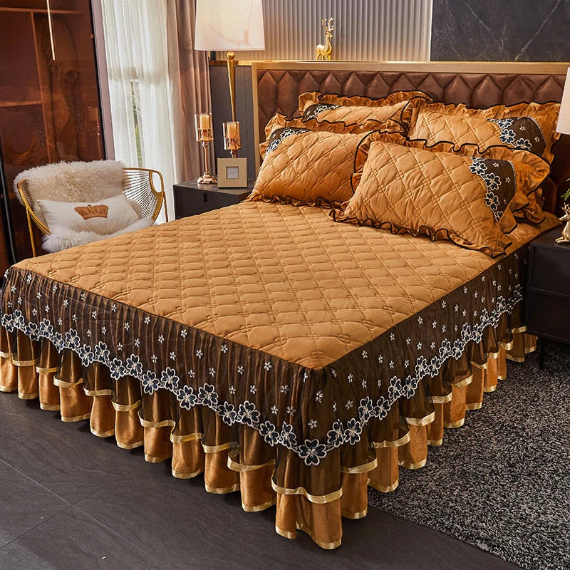 HULIANFU Luxury Super Soft Crystal Velvet Fleece Lace Ruffles Quilted Bed Skirt Mattress Cover Bedspread Pillowcase Bedding Home Textiles - Deanwangkt