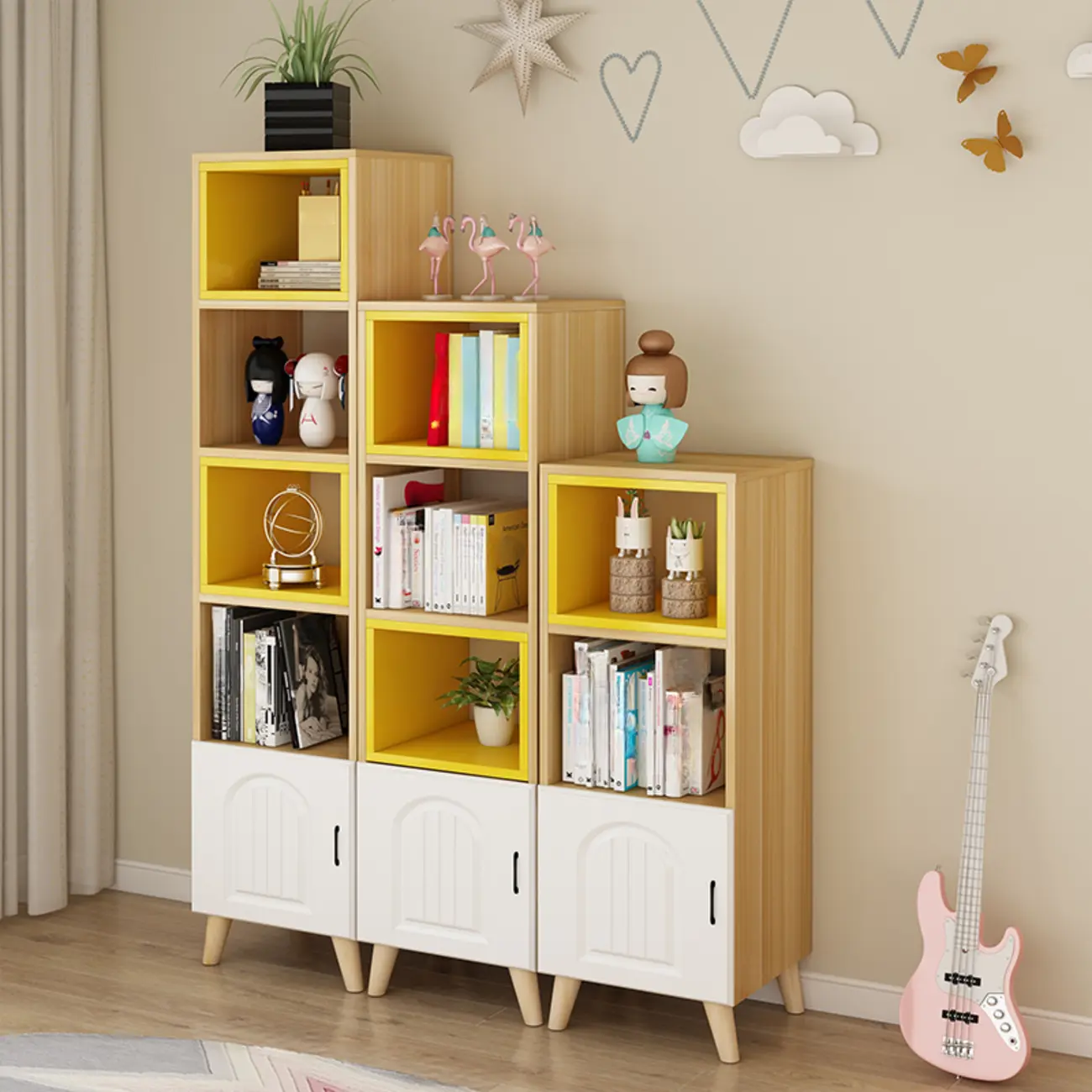 Wood 3-Tier White and Yellow Cube Bookcase with Cabinet