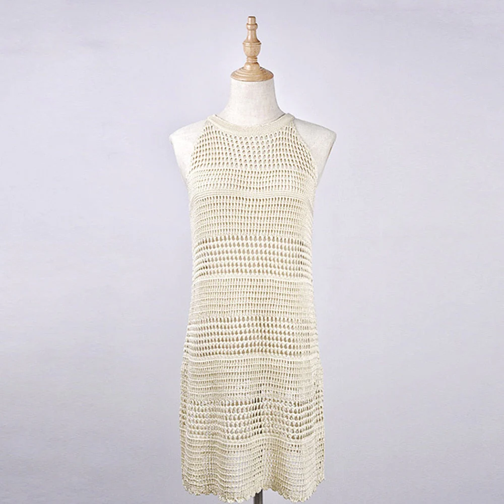 Sexy Beach Wear Cover Up Sleeveless Hollow Dress Crochet Knitted Woman Swimwear Bikini Cover Up Hand Made Beach Dresses - Deanwangkt