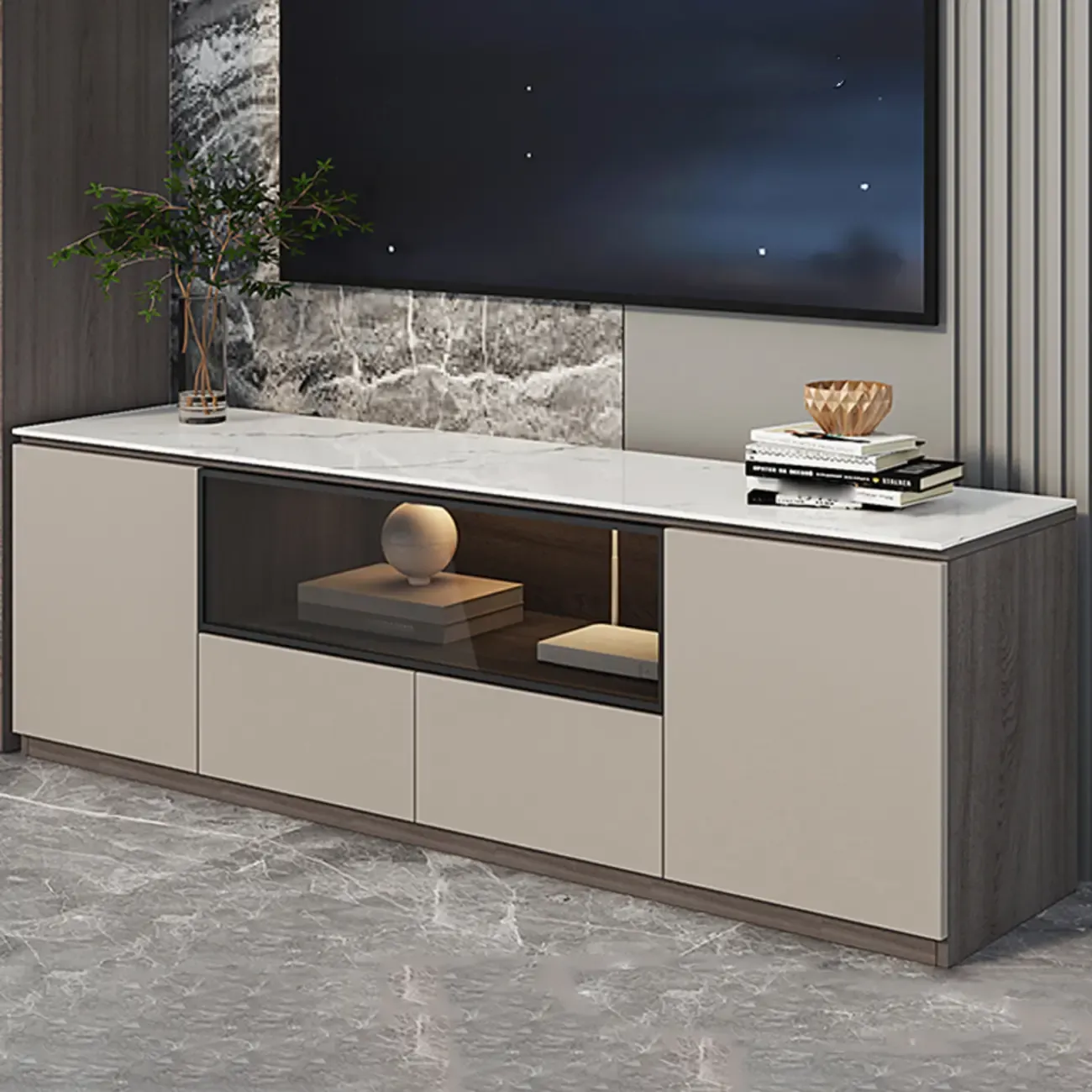 94 Dark Gray Stone Long Cabinet TV Stand with LED Lights