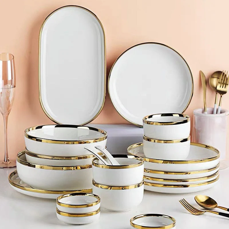 HULIANFU White Porcelain Plates for Food Dinner Set Dishes Salad Soup Bowl Ceramic Plates and Bowls Set Tableware Set Service for 4/6/8 - Deanwangkt