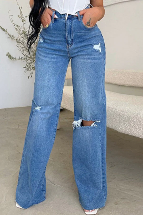 hulianfu - The cowboy blue Casual Solid Ripped Patchwork High Waist Regular Denim Jeans - Deanwangkt