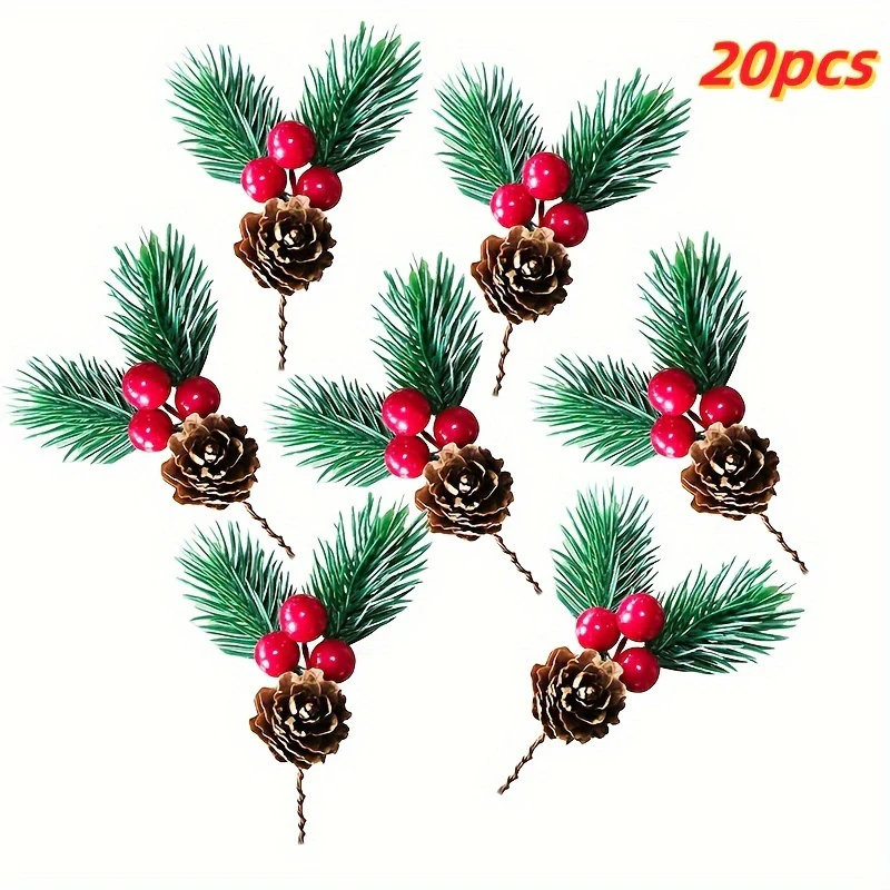 20pcs Christmas Berry Pine Cone Artificial Flowers Winter Christmas Decorations with Red Berries Pine Needles for Craft Table, Fireplace, Bar, Party, Holiday Decorations, and Essential Thanksgiving Christmas Decorations - Deanwangkt