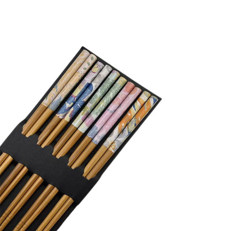 HULIANFU Reusable 5 Pair Set Handmade Bamboo Japanese Natural Wood Chopsticks Sushi Food Cat Flower Multi color Wooden Chop sticks - Deanwangkt