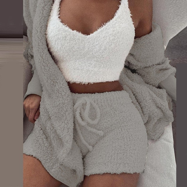 Three Piece Sexy Fluffy Outfits Plush Velvet Hooded Cardigan Coat+Shorts+Crop Top Women Tracksuit Sets Casual Sports Sweatshirt - Deanwangkt
