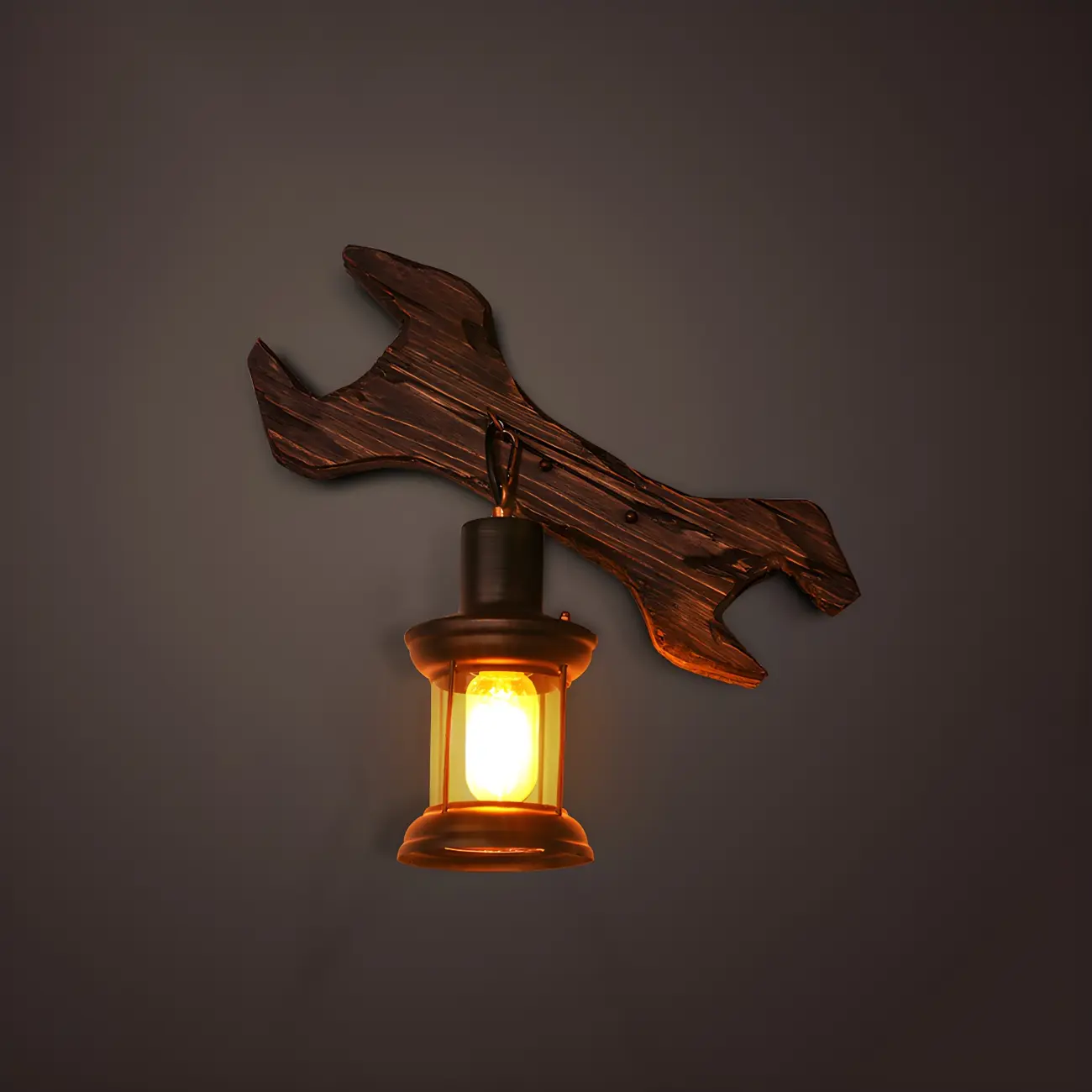 Industrial Distressed Wood Glass Black Wall Lantern Light