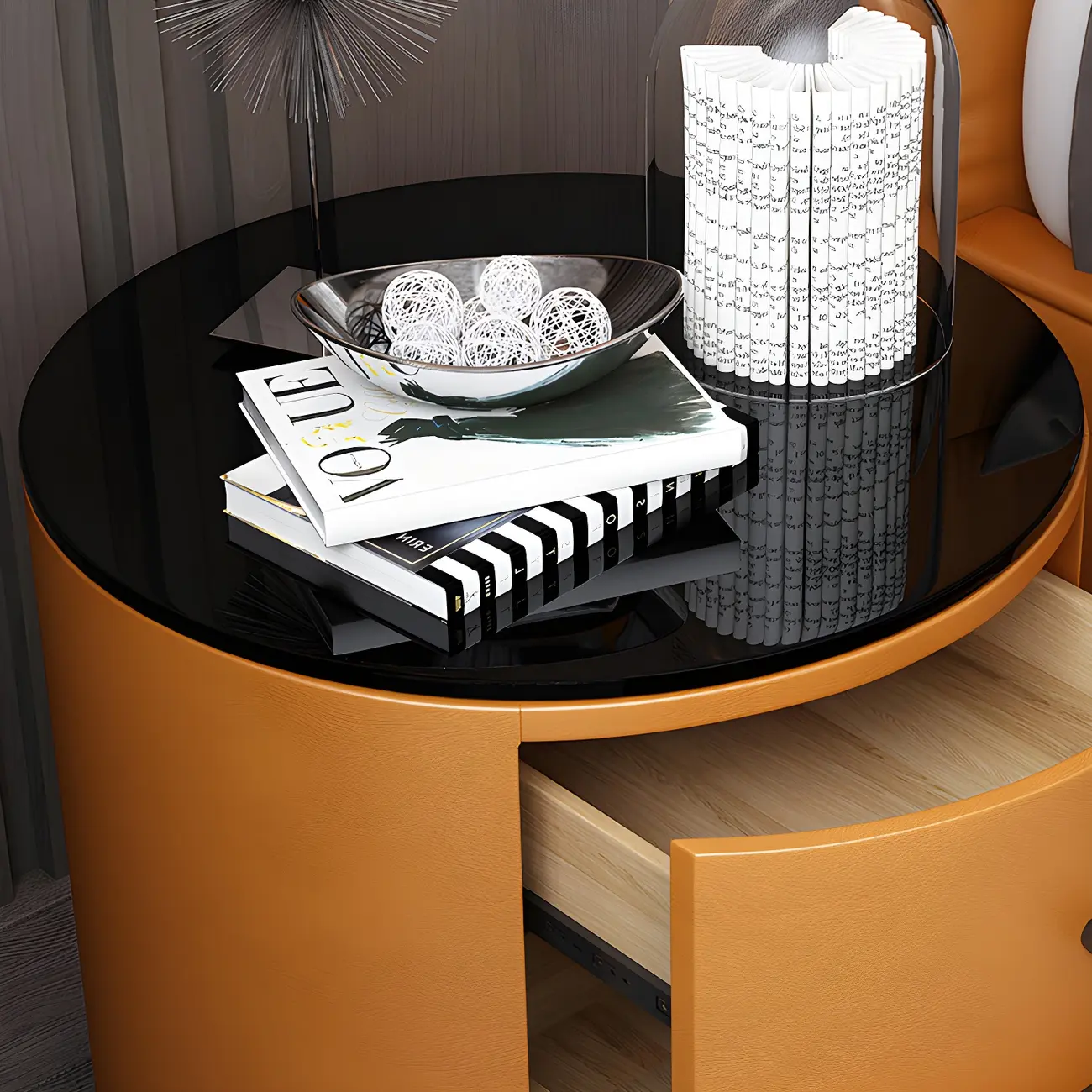 Modern Faux Leather Round Bedside Table with Two Drawers in Grey