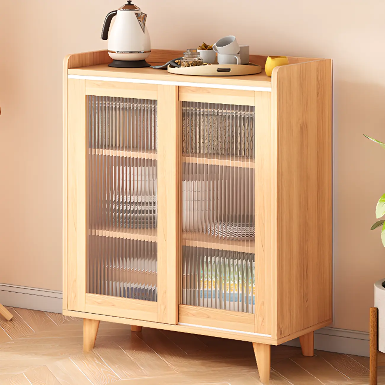 Freestanding Brown Cabinet with Sliding Door & Exterior Shelf