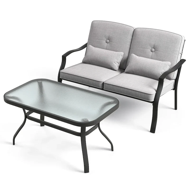 Outdoor Loveseat Chair Set with Tempered Glass Coffee Table - 48  x 30  x 29
