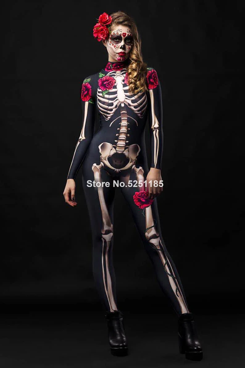 HULIANFU Women Cosplay Skeleton Rose Sexy Bodysuit Halloween Devil Ghost Specter Jumpsuit Romper Party Carnival Performance Scary Costume - Deanwangkt