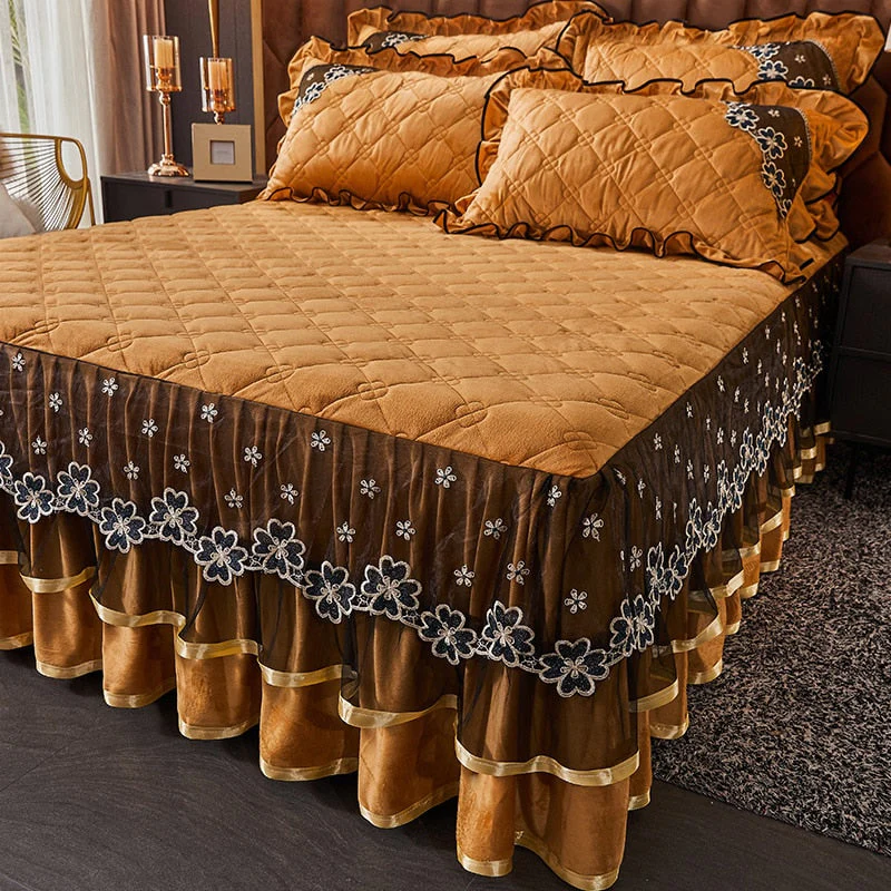 HULIANFU Luxury Super Soft Crystal Velvet Fleece Lace Ruffles Quilted Bed Skirt Mattress Cover Bedspread Pillowcase Bedding Home Textiles - Deanwangkt