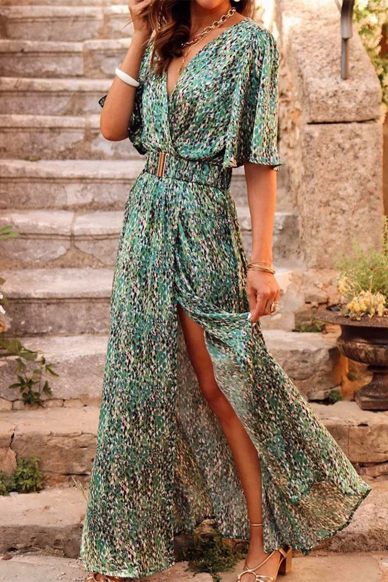 hulianfu Bohemian College Floral Patchwork With Belt V Neck Waist Skirt Dresses(5 Colors) - Deanwangkt