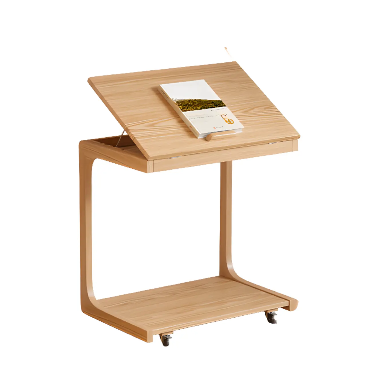 Scandinavian Wooden Flip-Top C-Shaped Side Table with Wheels