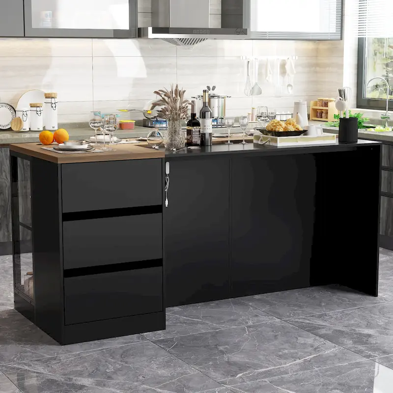 Kitchen Island with Drawers & Glass Cabinets, Converts to Office Desk
