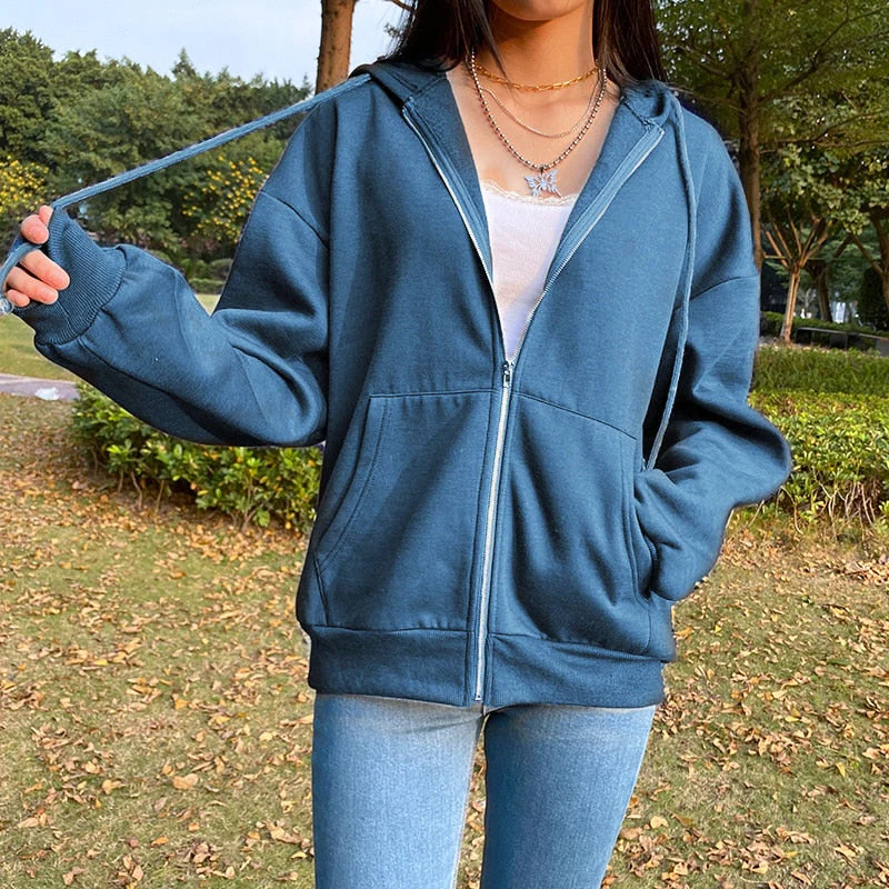 BiggOrange Brown Zip Hooded Sweatshirt Winter Jacket Top Oversized Hoodie Retro Pocket Woman Clothes Long Sleeve Pullover - Deanwangkt