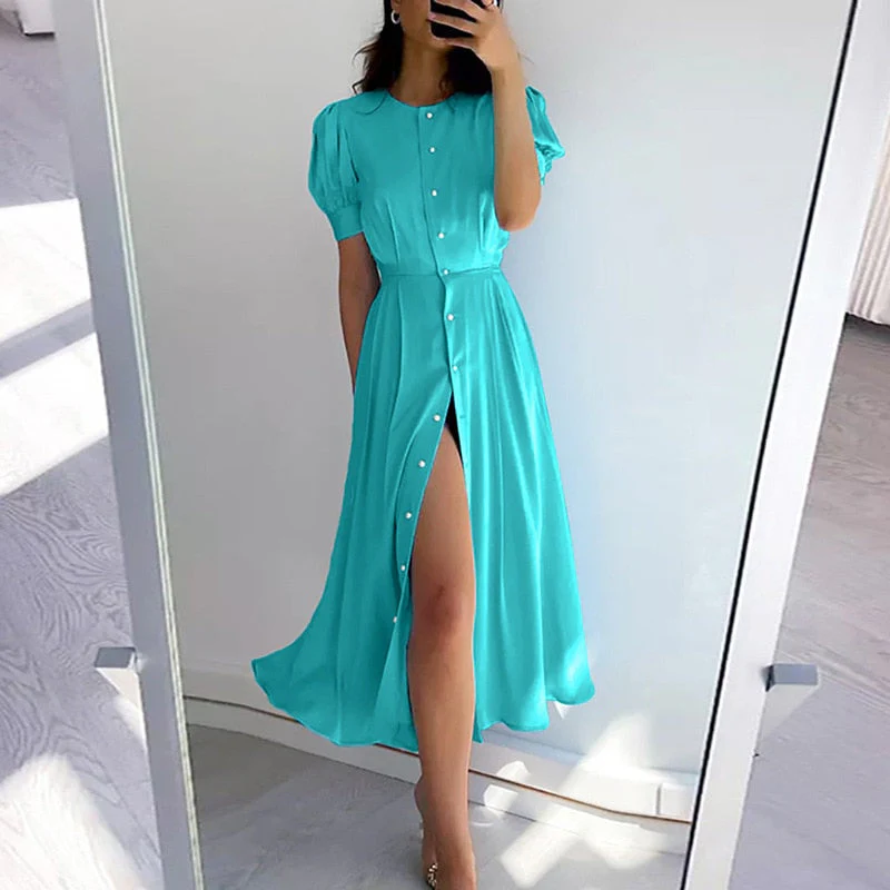 Hulianfu Women's Summer Long Dress Slit 2026  Orange Elegant Short Sleeve Maxi Dresses Office Ladies Buttons Holiday Shirt Dress For Women - Deanwangkt