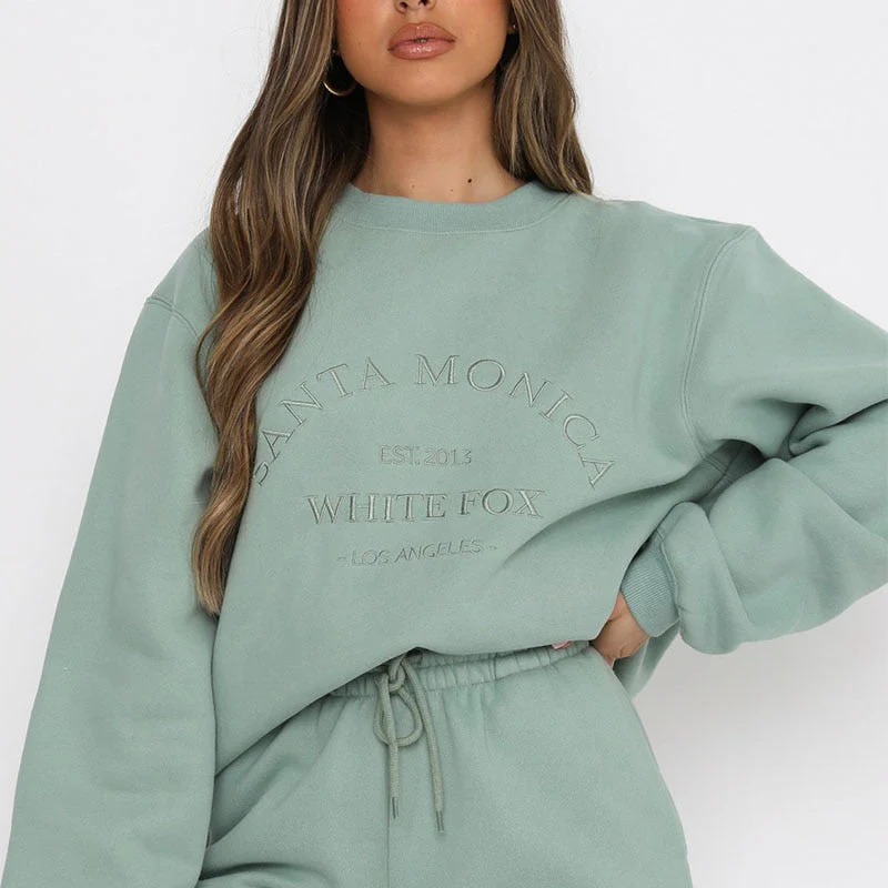 Green Vintage Letters Embroidered Crewneck Sweatshirt Women Winter Tops Oversized Girls Streetwear New Korean Fashion Pullovers - Deanwangkt