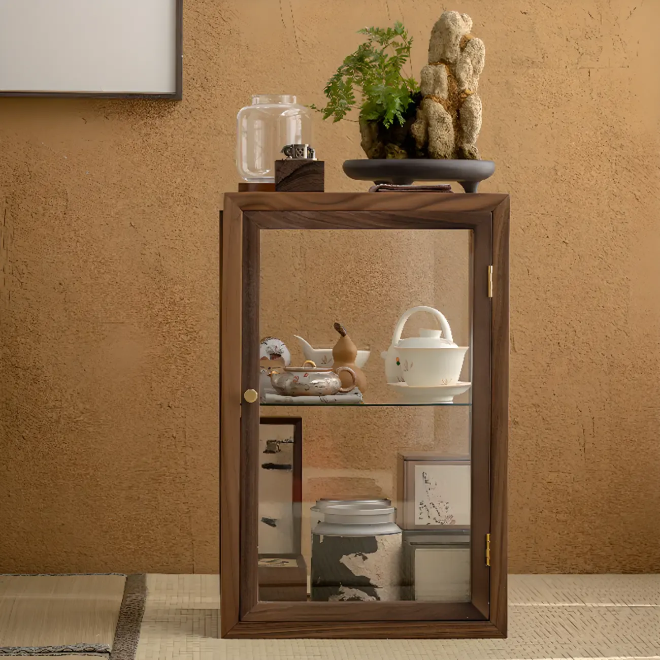 Modern Brown Wood Curio Cabinet with Glass Shelves