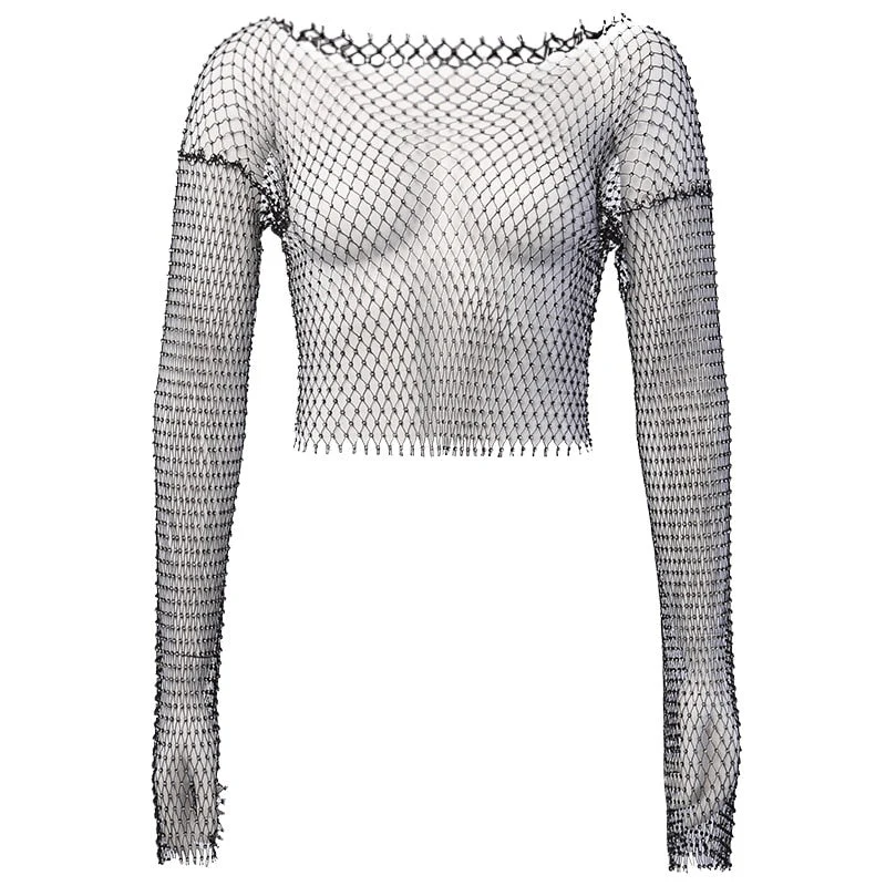 Hulianfu Crystal Diamond See Through Crop Tops Summer Women Hollow Out Beachwear Tops Shiny Sexy Fashion Party Club Top - Deanwangkt